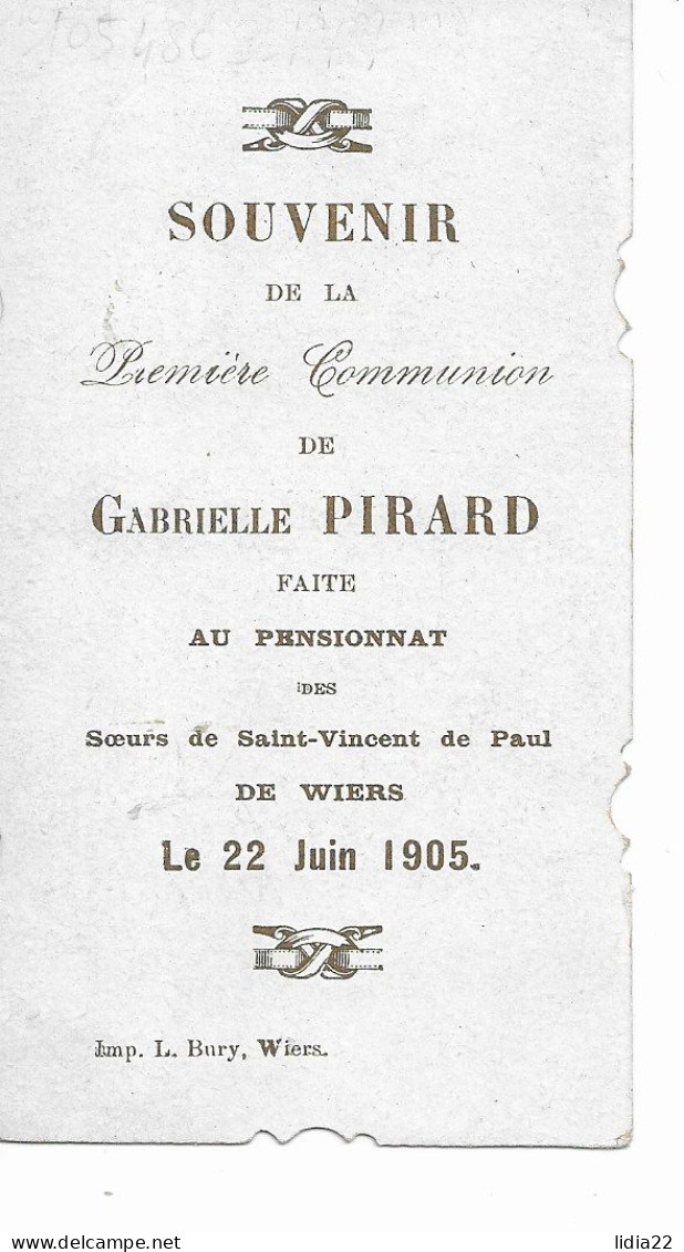 Wiers   (Peruwelz)  Souvenir De Communion De Gabrielle Pirard 22 Juin 1905 - Péruwelz