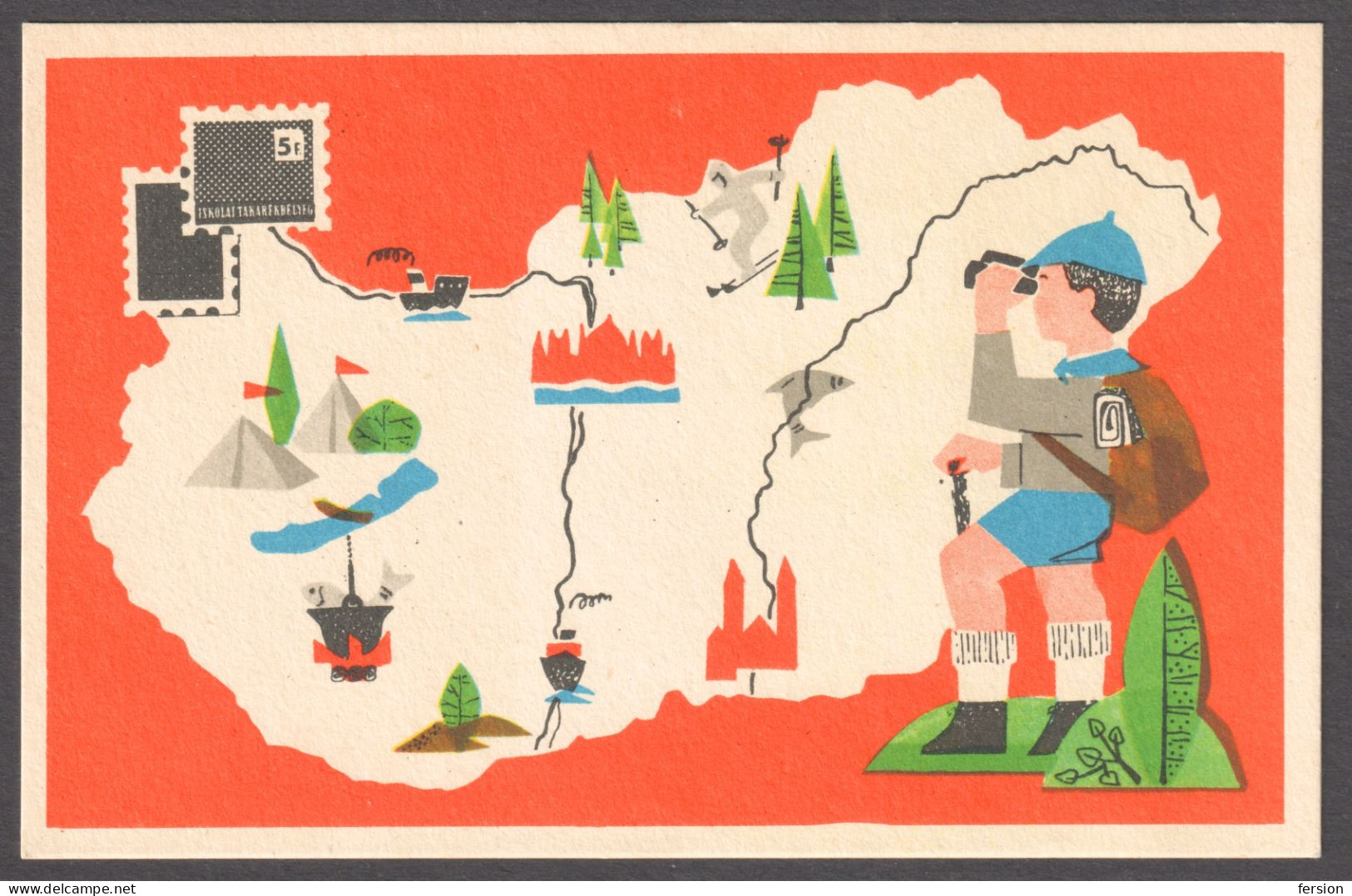 HIKING Hiker TOURISM - School BANK Children Savings Stamp 1970 Hungary MAP / POSTCARD Ski Ship Fish Binoculars - Francobolli (rappresentazioni)