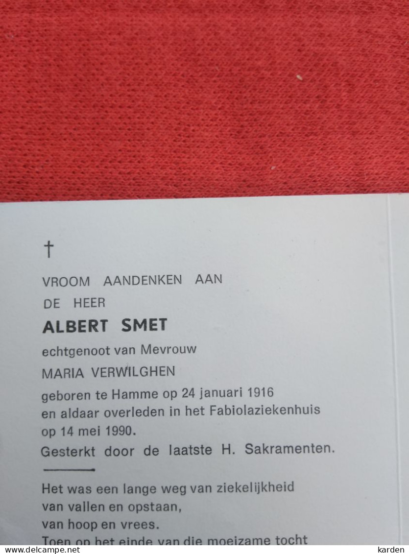 Doodsprentje Albert Smet / Hamme 24/1/1916 - 14/5/1990 ( Maria Verwilghen ) - Godsdienst & Esoterisme