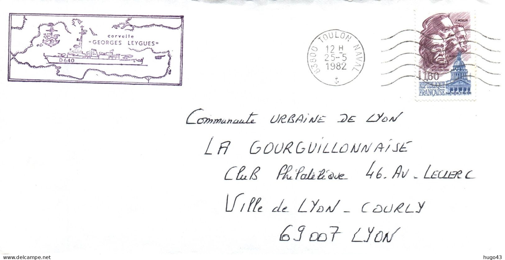 ENVELOPPE AVEC CACHETS CORVETTE GEORGES LEYGUES  - CACHET Z.M.O.I. 80 AU DOS - LE 25/5/1982 - Posta Marittima