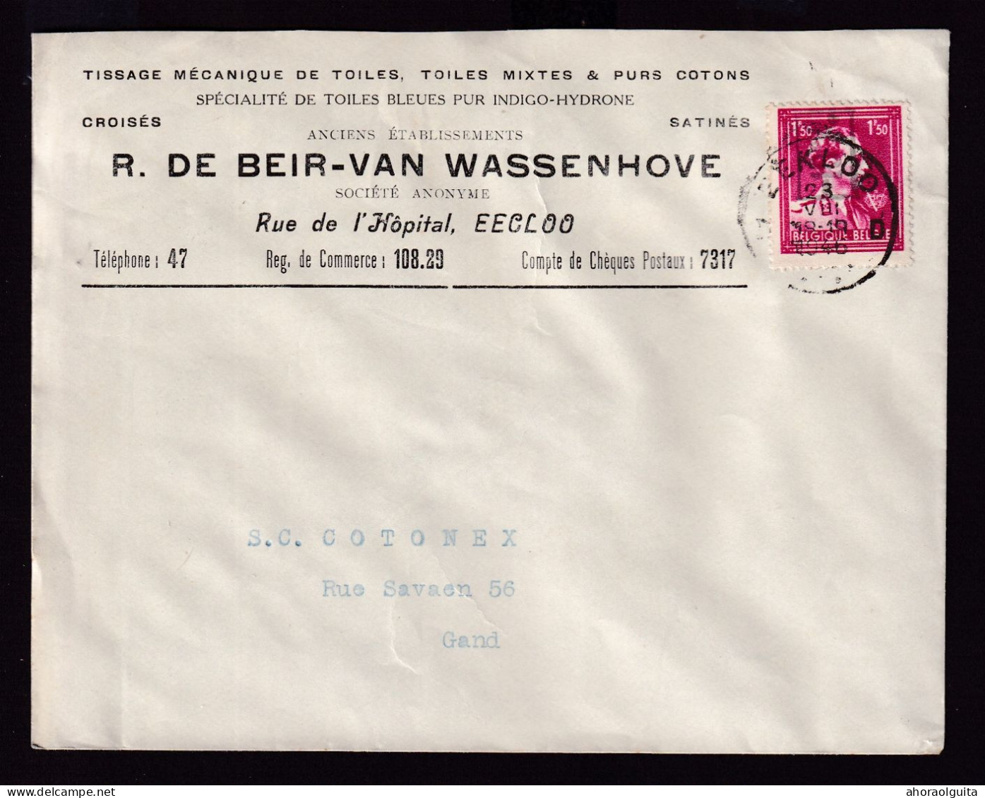 DDGG 132 -- Enveloppe TP Moins 10 % Surcharge Locale EEKLOO 1946 - Entete Tissage Mécanique De Beir-Van Wassenhove - 1946 -10%