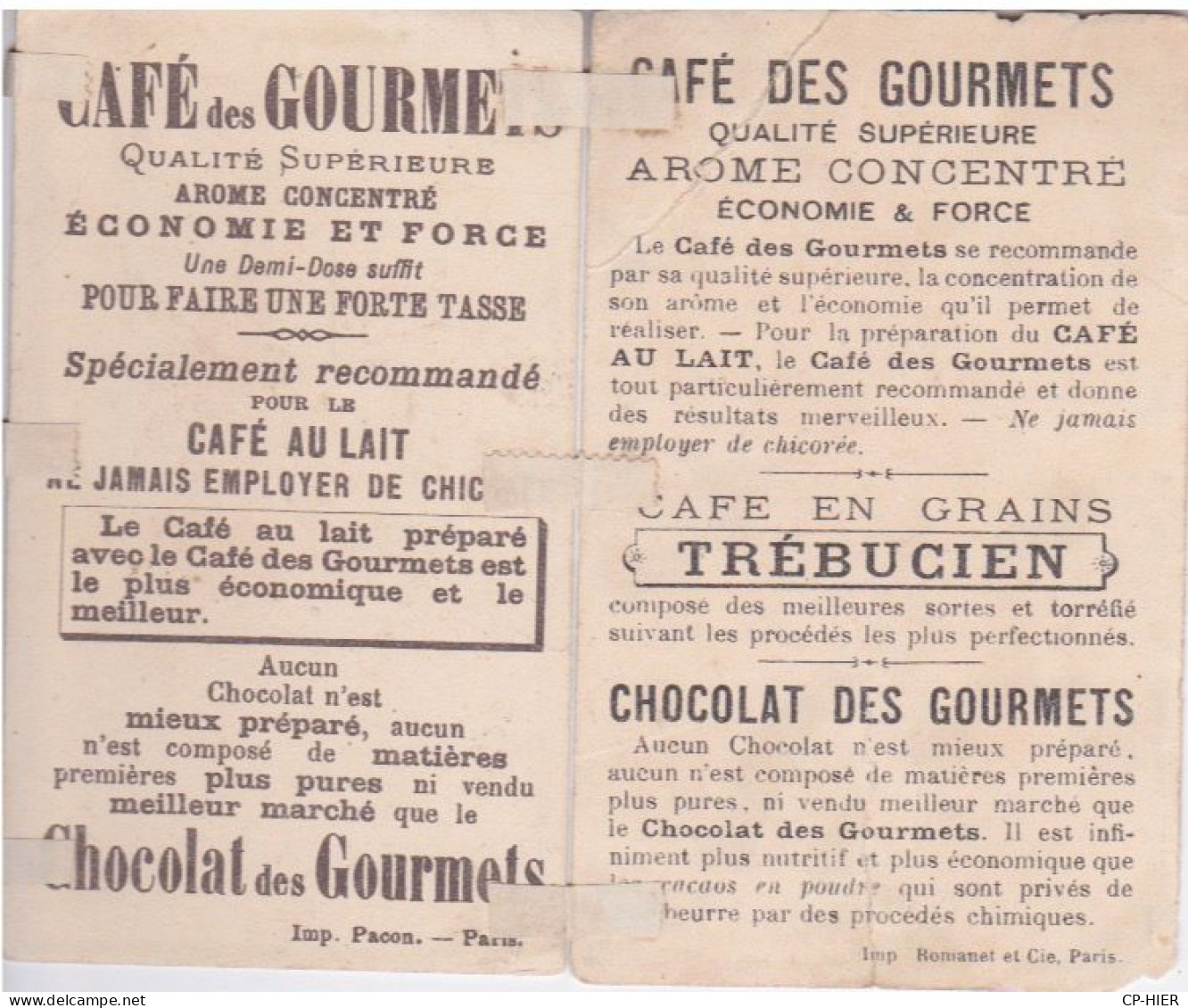 CHROMOS - CHROMO - CAFE ET CHOCOLAT DES GOURMETS - 2 IMAGES -  PAPILLON  TREBUCIEN - CONVOITISE - Thee & Koffie