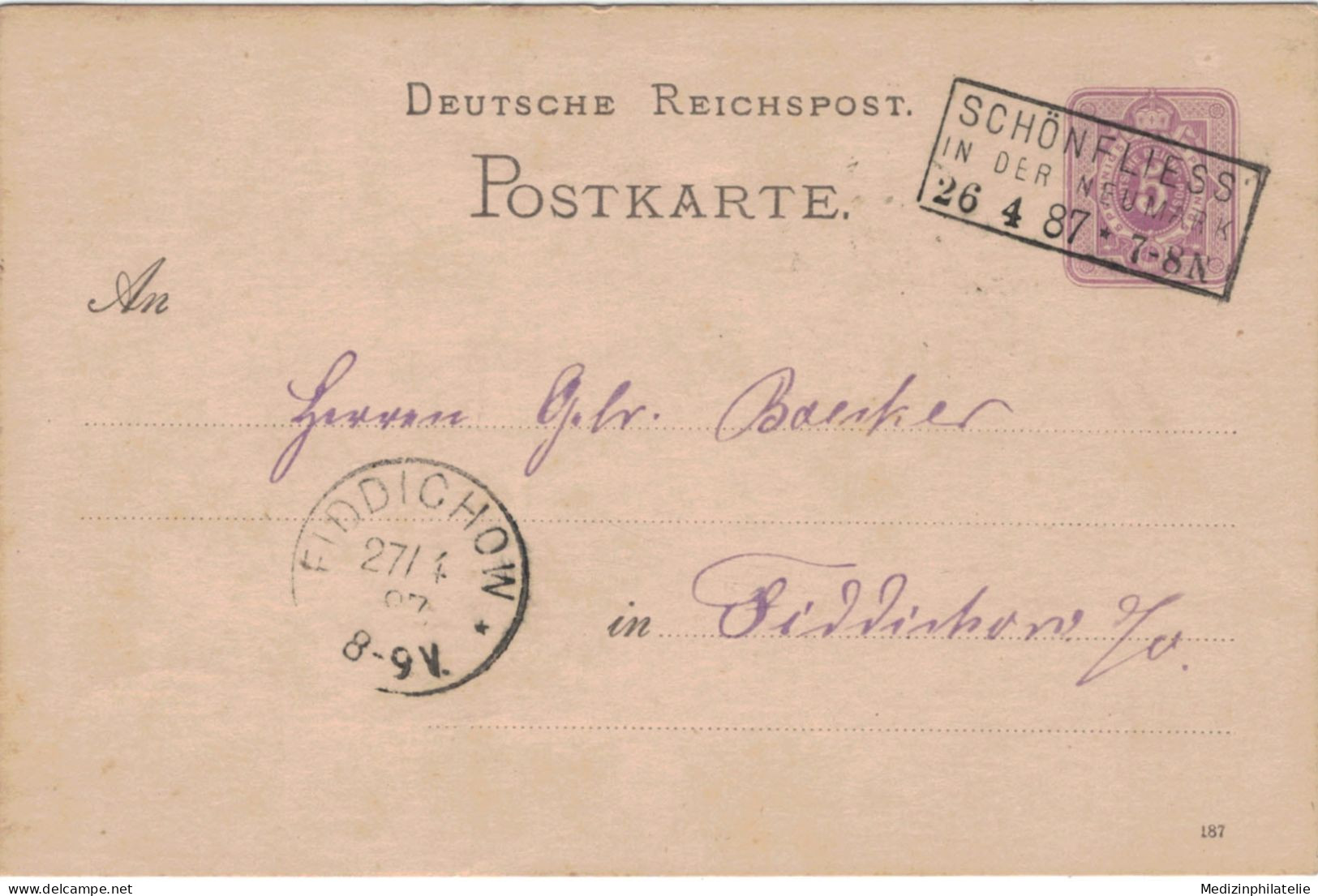 Ganzsache 5 Pfennig - Schönfliess In Der Neumark 1887 > Gebrüder Boerker Fiddichow - Briefkaarten