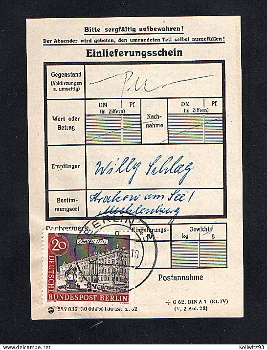 Berlin, EF. Mi.-Nr. 221 Auf Einlieferungsschein. - Covers & Documents