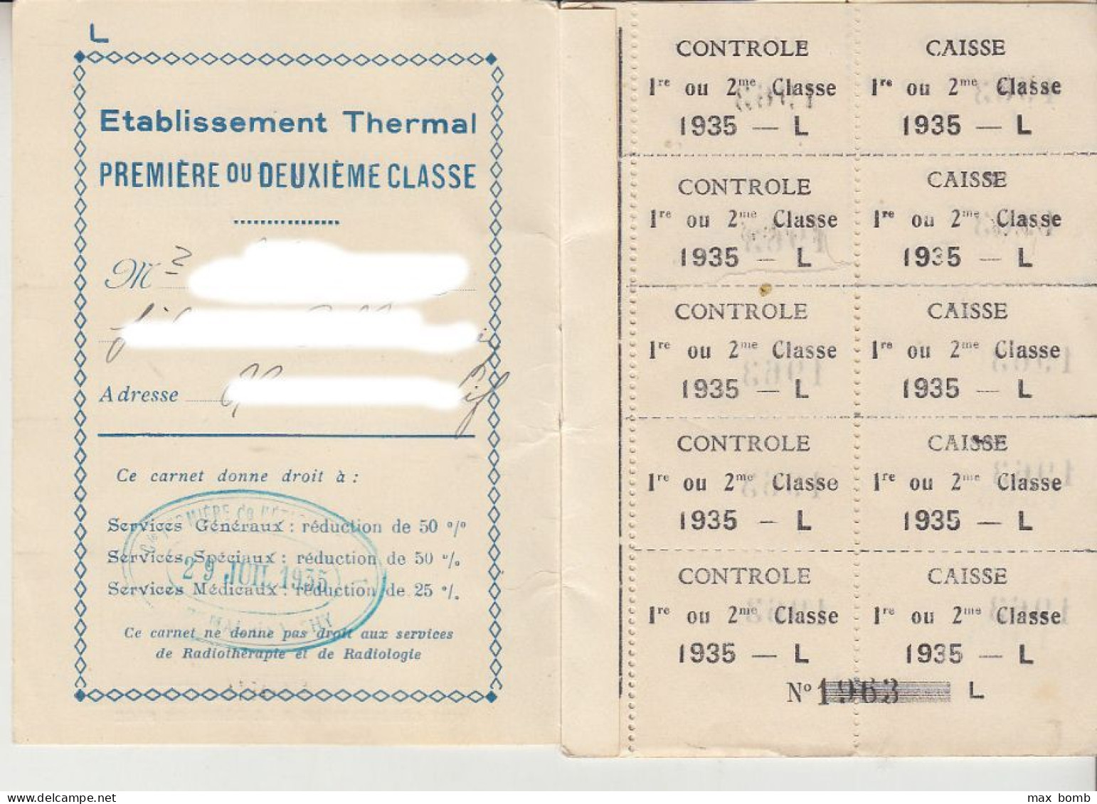 1935 VICHY -CARNET ETABLISSEMENT THERMAL - Tickets D'entrée
