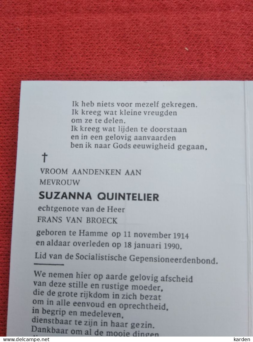 Doodsprentje Suzanna Quintelier / Hamme 11/11/1914 - 18/1/1990 ( Frans Van Broeck ) - Religión & Esoterismo