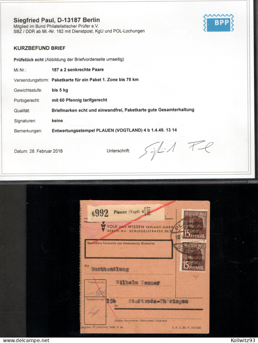 SBZ, Mi.-Nr. 187 A MeF Auf Paketkarte, Befund PaulBPP.. - Other & Unclassified