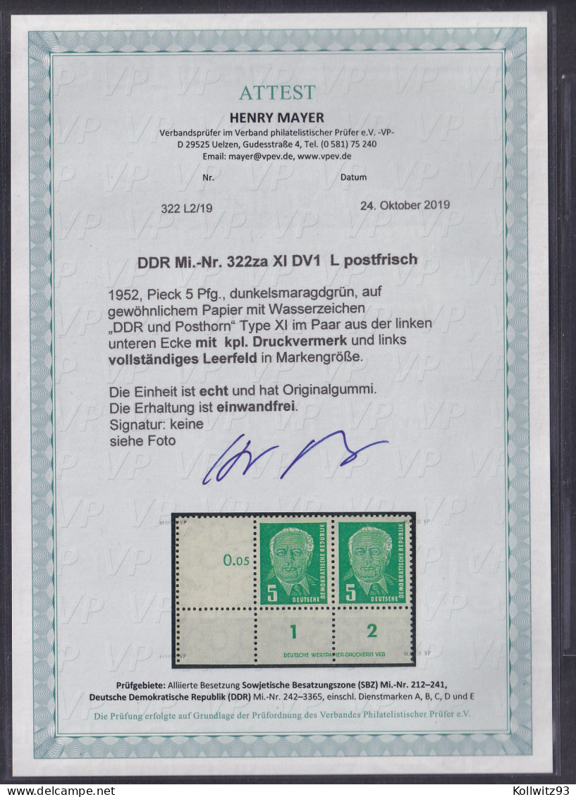 DDR.,1952 Pieck 5 Pfg, Mi.-Nr. 322 Za XI DV1 L, Postfrisch , FA. Mayer - Other & Unclassified