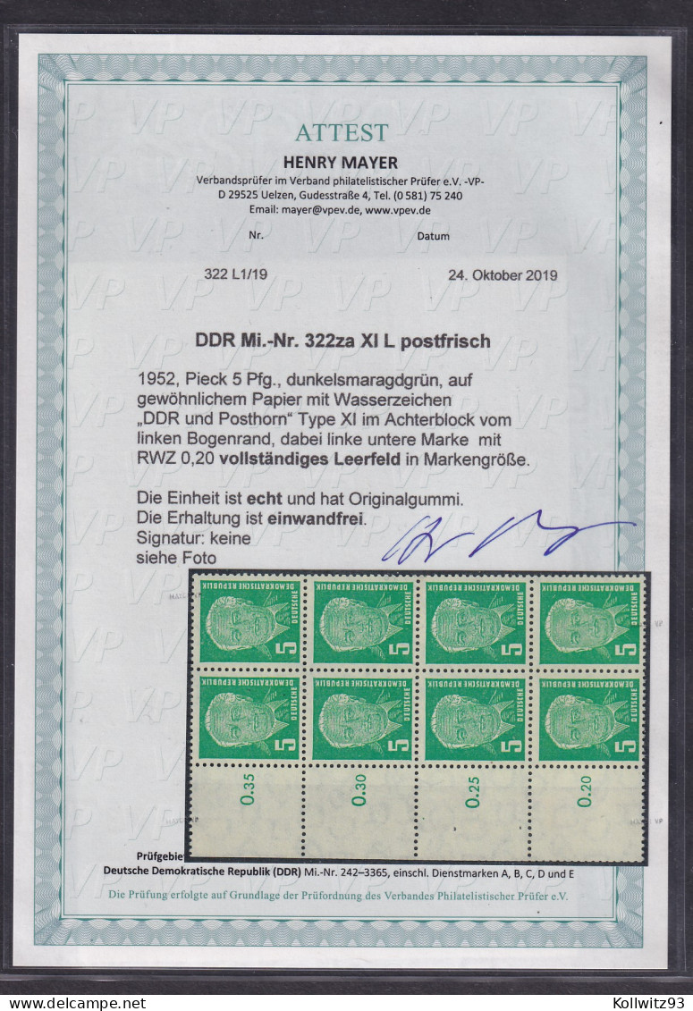 DDR.,1952, Mi.-Nr. 322 Za XI L, Postfrisch , FA. Mayer - Sonstige & Ohne Zuordnung