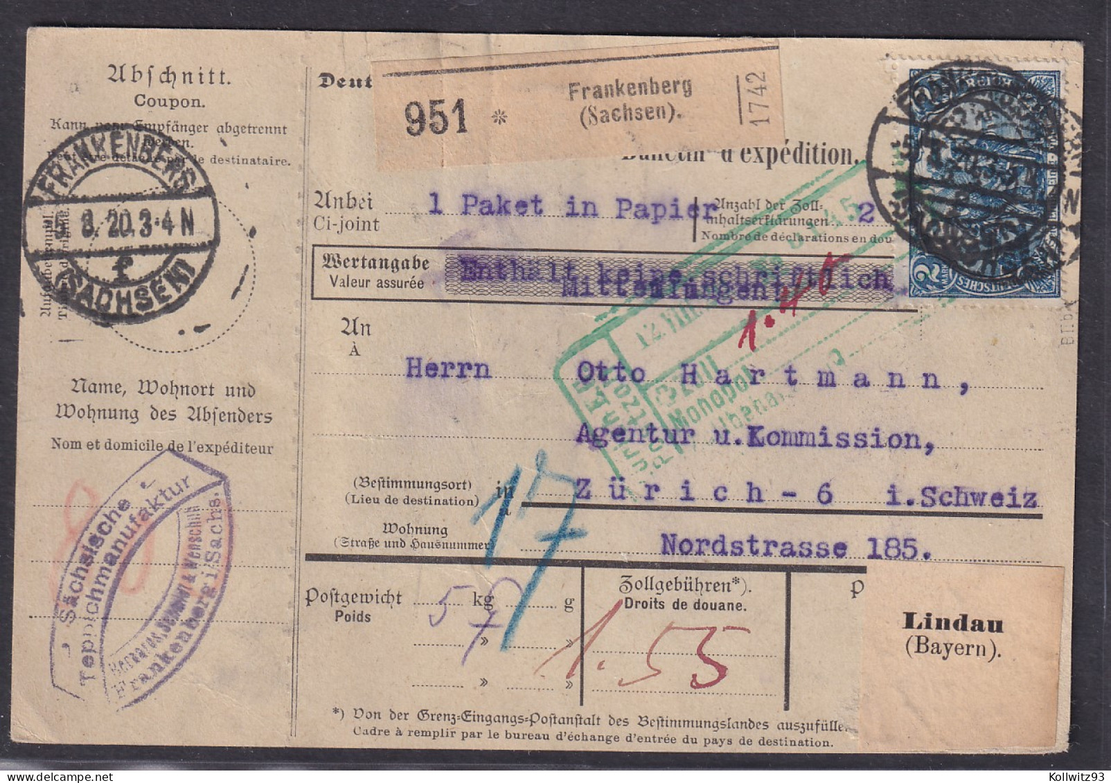 DR., Ausland-Paketkarte Mit Me.F. Mi.-Nr.95 B II B, Sign. Jäschke-L. - Sonstige & Ohne Zuordnung