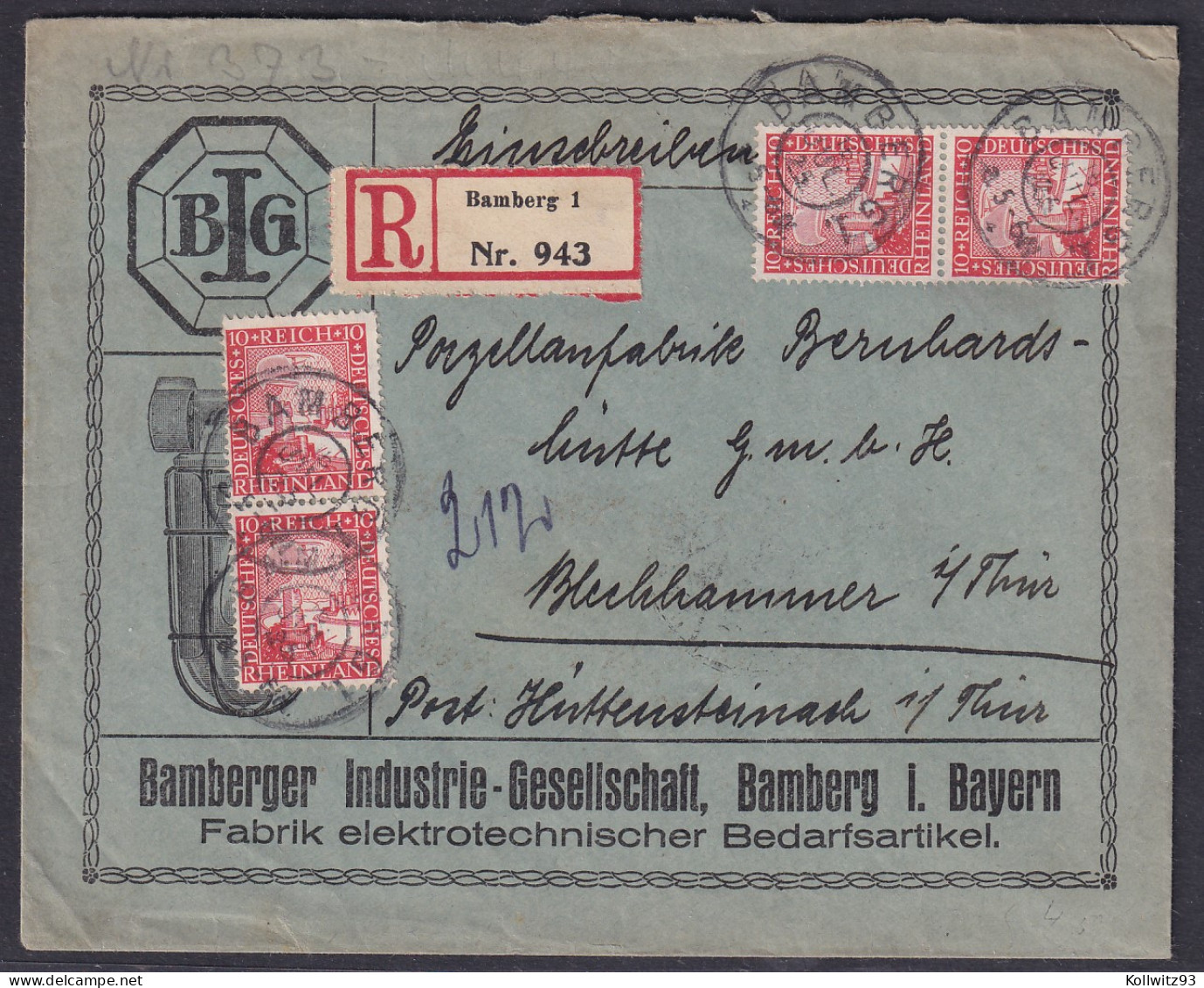 DR.Reklame-Brief,Bamberger Industrie-Gesell., Mit Me.F. Mi.-Nr. 373, - Sonstige & Ohne Zuordnung