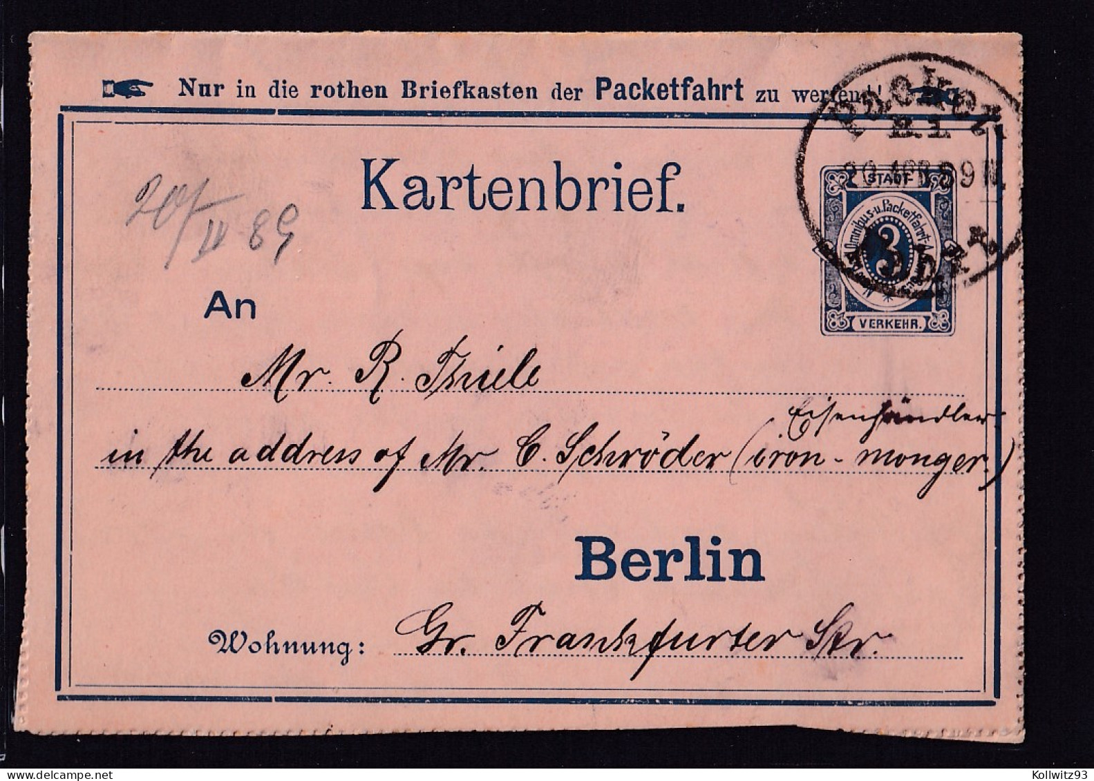 Privatpost, Kartenbrief Berlin  Gestempelt 1889 - Postes Privées & Locales