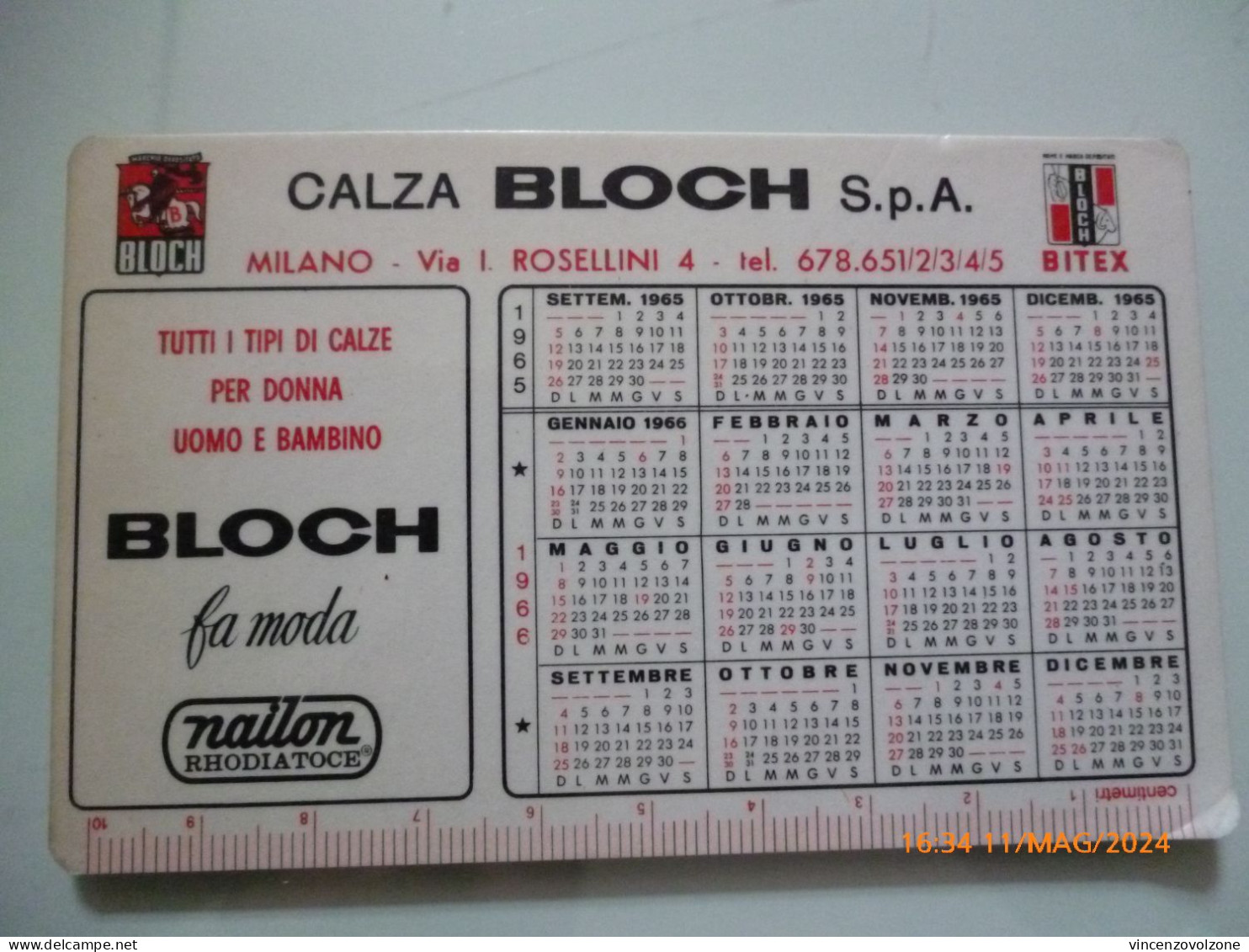 CALENDARIO TASCABILE "CALZA BLOCH CAMPIONATO CALCIO 1965/66 SERIE A" - Small : 1961-70