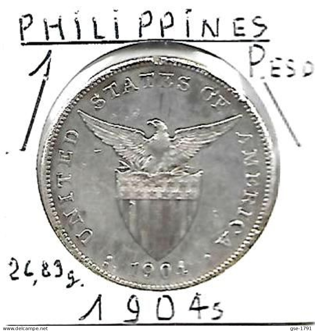 PHILIPPINES  US.Période 1 PESO   Année 1904s   KM168, Ag. 0.900, TTB+ - Filipinas