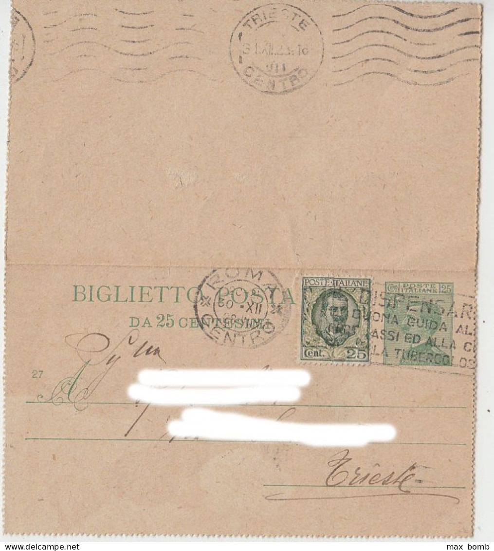 1929 BIGLIETTO POSTALE CENT 25 +25 DA ROMA A TRIESTE - Interi Postali