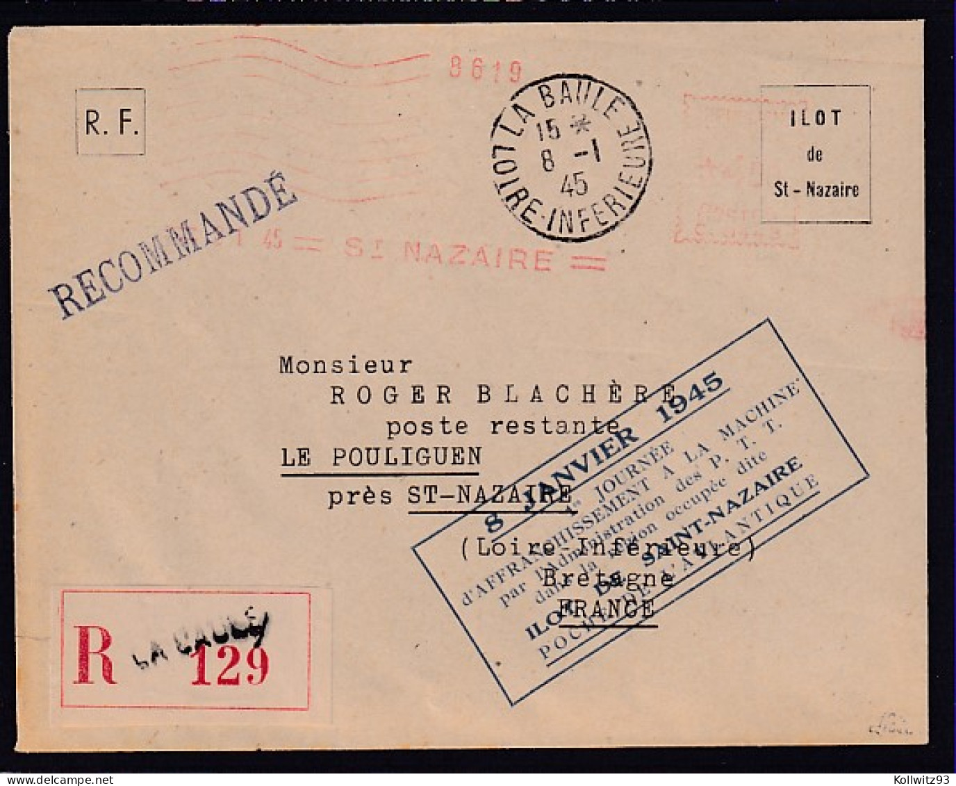 Dt.Besetzung 2.Weltkrieg Frankreich, St-Nazaire, R-Fernbrief Mit Freistempel - Bezetting 1938-45