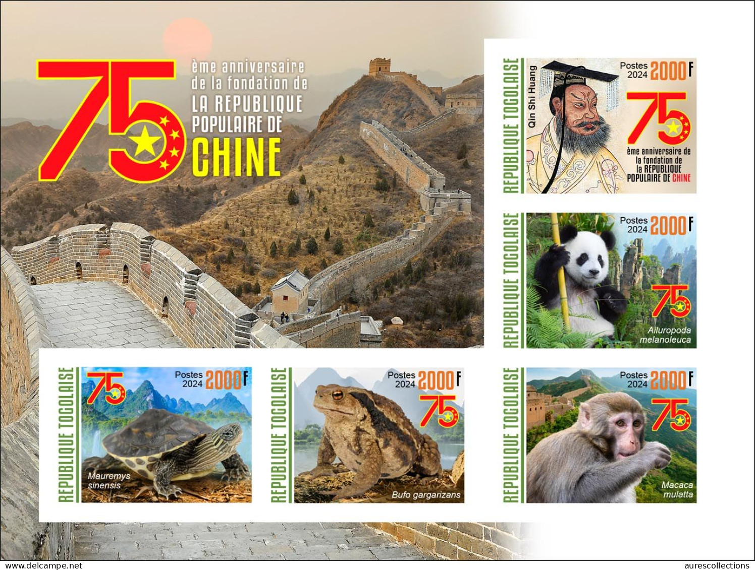 TOGO 2024 MS 5V IMPERF - CHINA 75TH ANNIVERSARY - QIN SHI HUANG - TURTLE TURTLES FROG FROGS MONKEY MONKEYS PANDA - MNH - Schildpadden