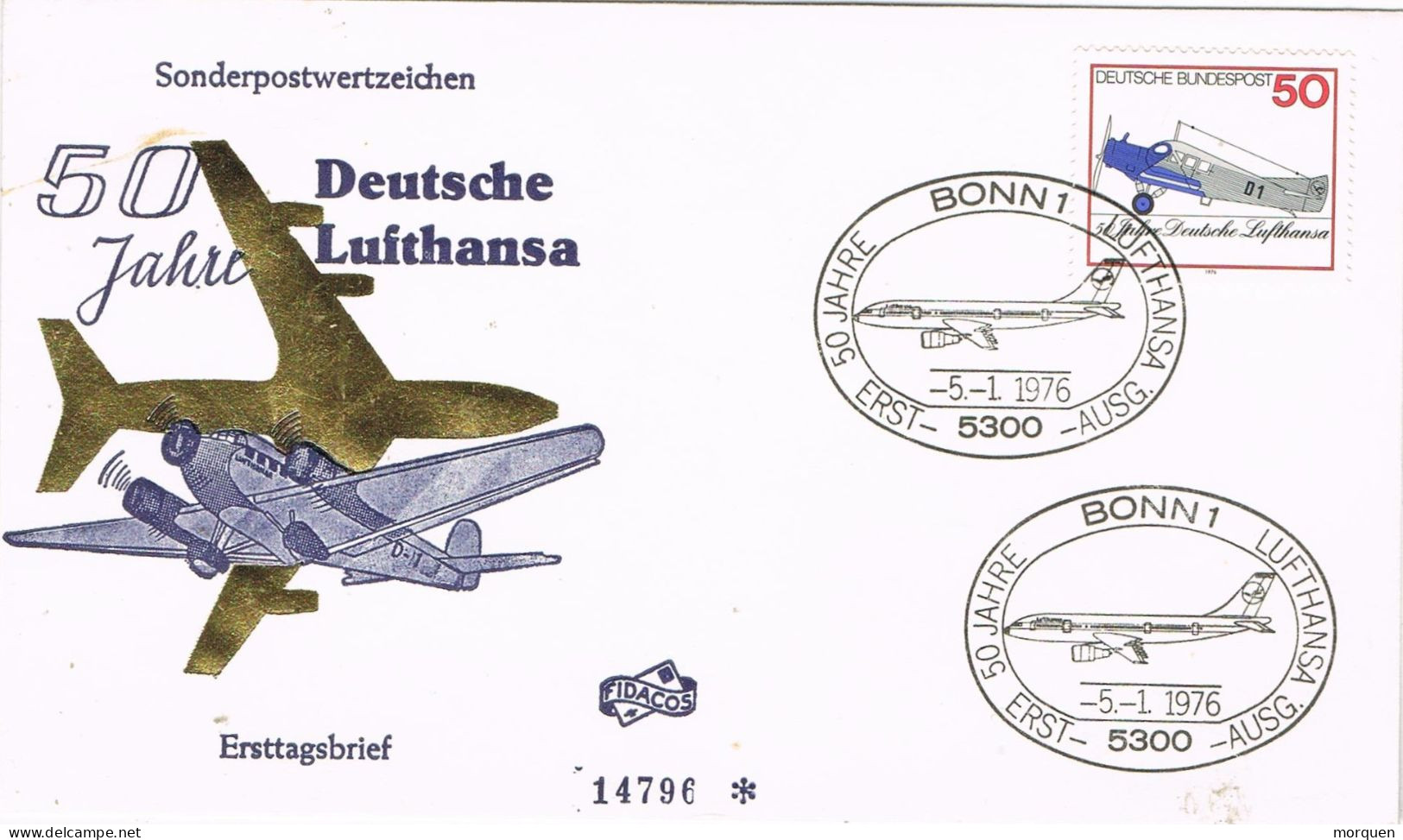 55066. Carta BONN (Alemania Federal) 1976. 50 Jahre Lufthansa. Compañia Aviacion Alemana - Storia Postale