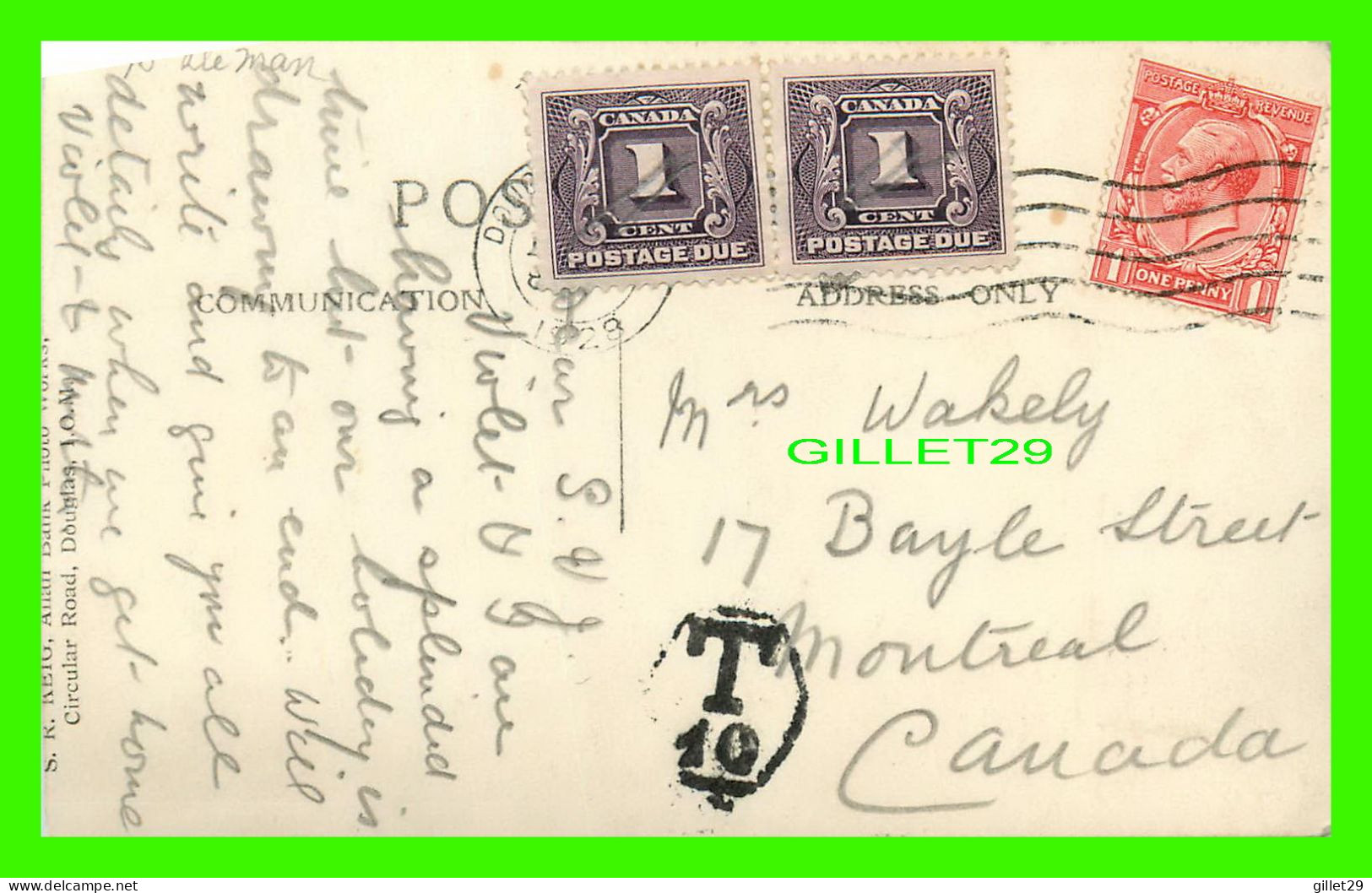 BALLASALLA, ILE DE MAN - RUINS OF RUSHEN ABBEY - TRAVEL IN 1928 - ALLEN BANK - STAMPS POSTAGE DUE - - Insel Man