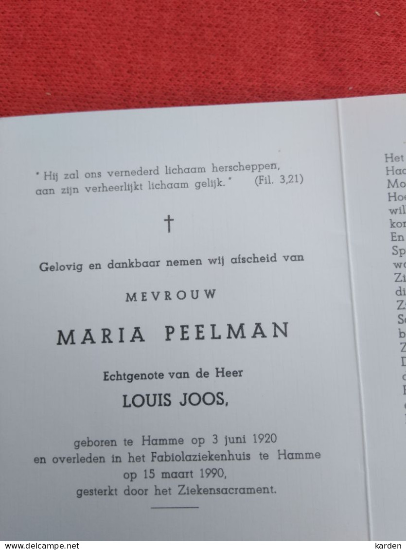 Doodsprentje Maria Peelman / Hamme 3/6/1920 - 15/3/1990 ( Louis Joos ) - Religion & Esotericism