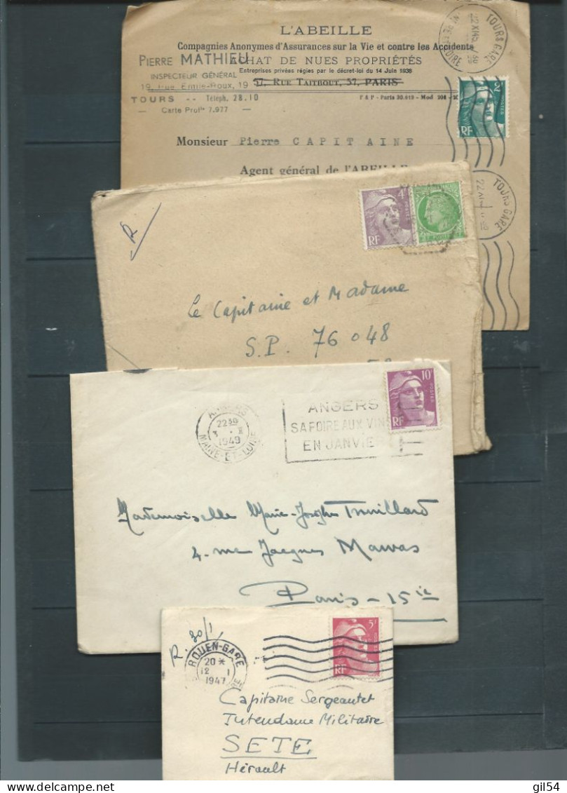 lot de 17 documents " lacs , lsc, cartes postales, affranchis par type gandon seul ou en combinaison malb147