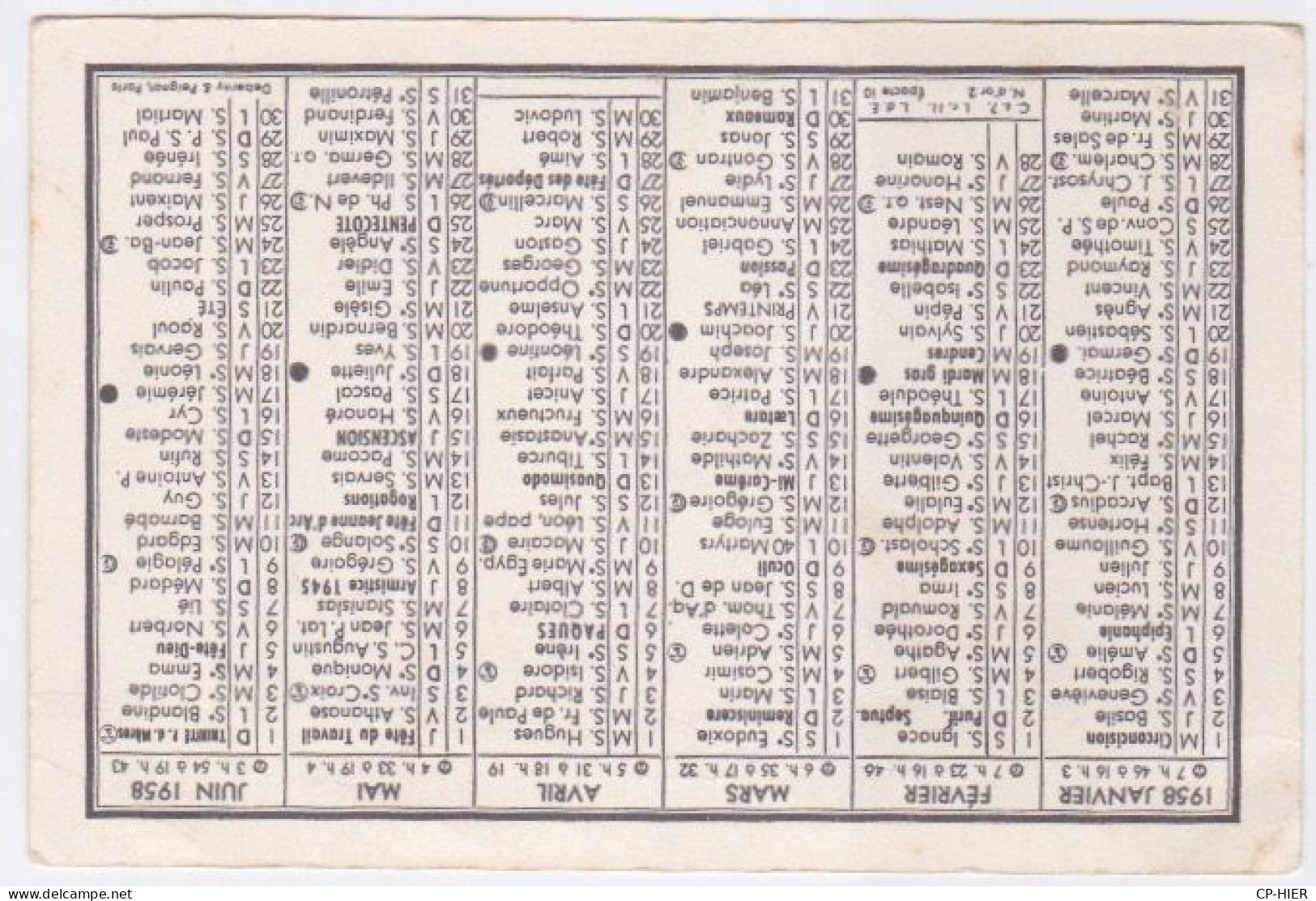 CALENDRIER PETIT FORMAT - 1958 - IMPRIMERIE LUCIEN RUEL PARIS POITIERS - Small : 1941-60