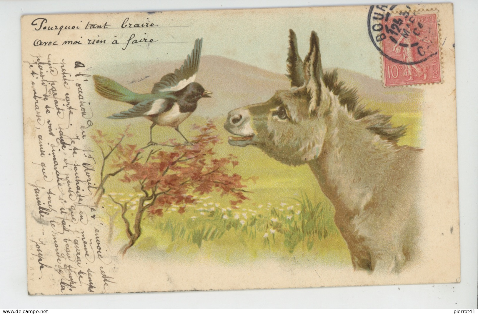 ANES - DONKEY - BIRDS - Joie Carte Fantaisie âne Et Oiseau Pie - Asino