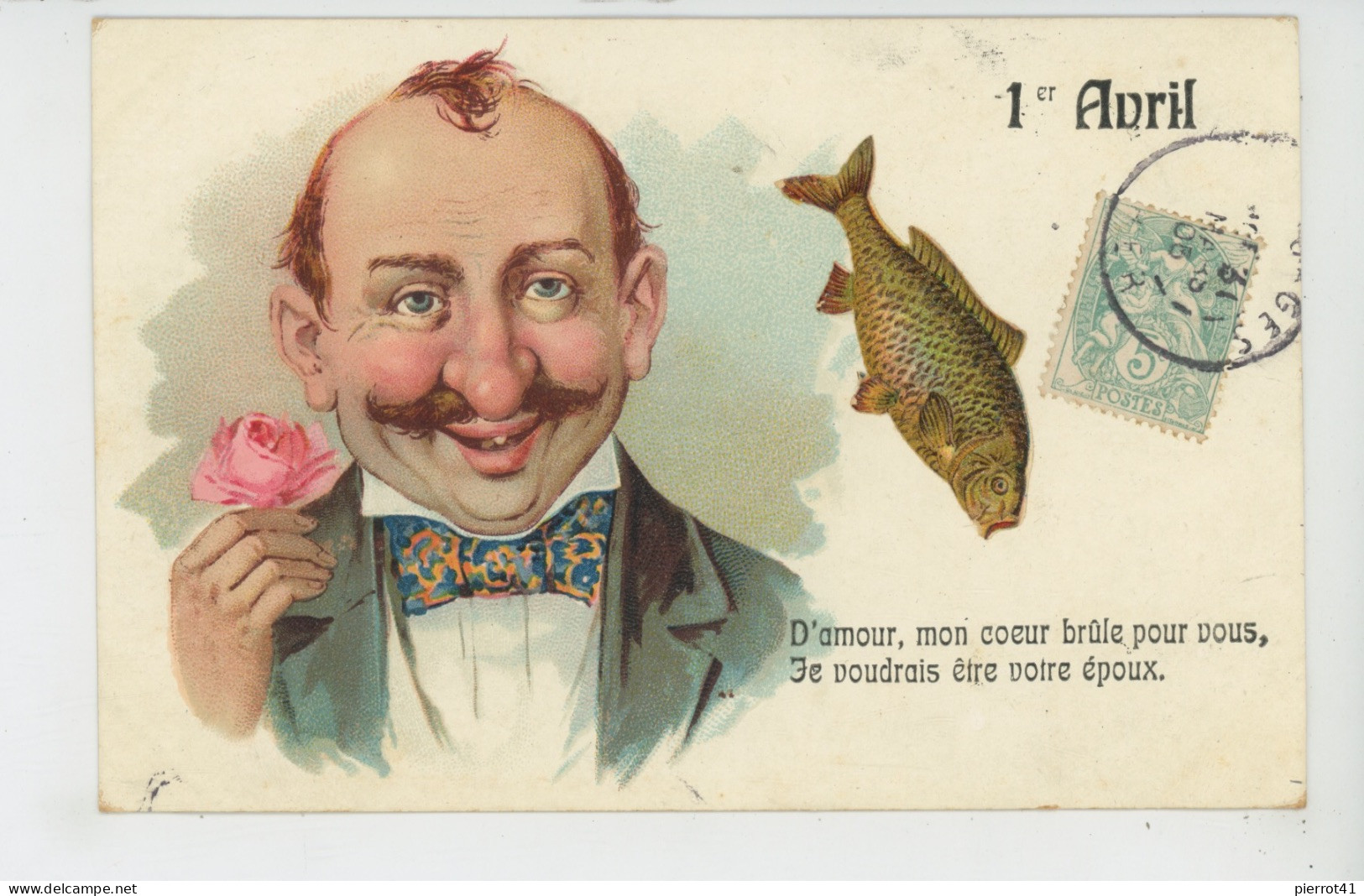 POISSON 1ER AVRIL - Jolie Carte Fantaisie Homme Avec Rose Et Ajoutis Poisson 1er Avril - 1er Avril - Poisson D'avril