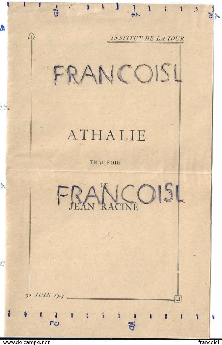 Institut De La Tour. Programme De Spectacle D'élèves:" Athalie " De Jean Racine - Programme