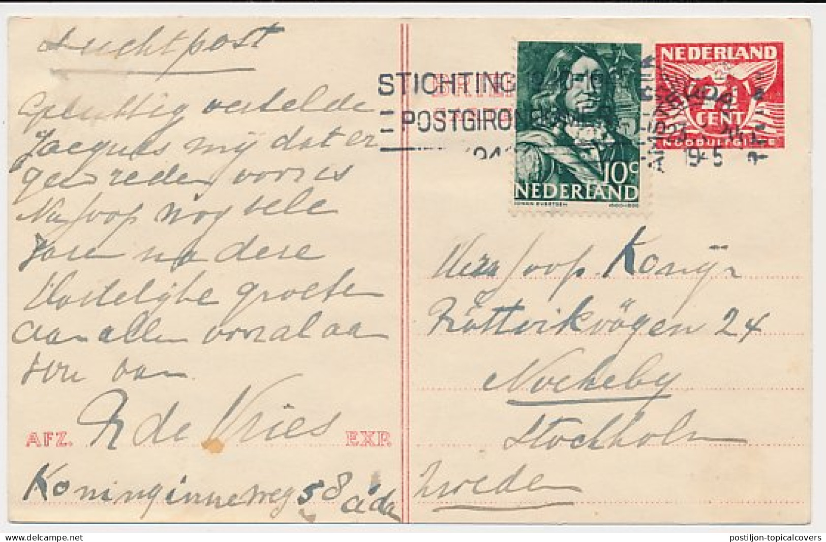 Briefkaart G. 278 B / Bijfrankering Amsterdam - Zweden 1945 - Entiers Postaux