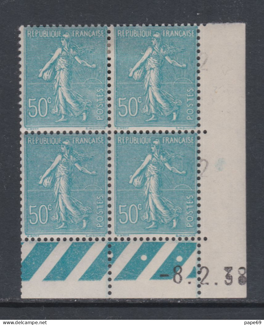 France N° 362 X Type Semeuse Lignée 50 C. Turquoise En Bloc De 4 Coin Daté Du 8 .12. 38 ; 3 Pts Blancs ; Trace Ch., TB - 1930-1939