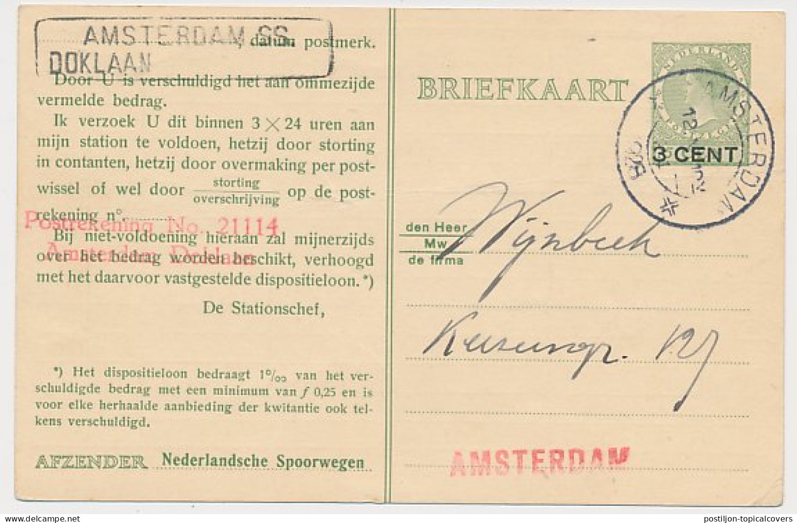 Spoorwegbriefkaart G. PNS216 G - Locaal Te Amsterdam 1928 - Entiers Postaux