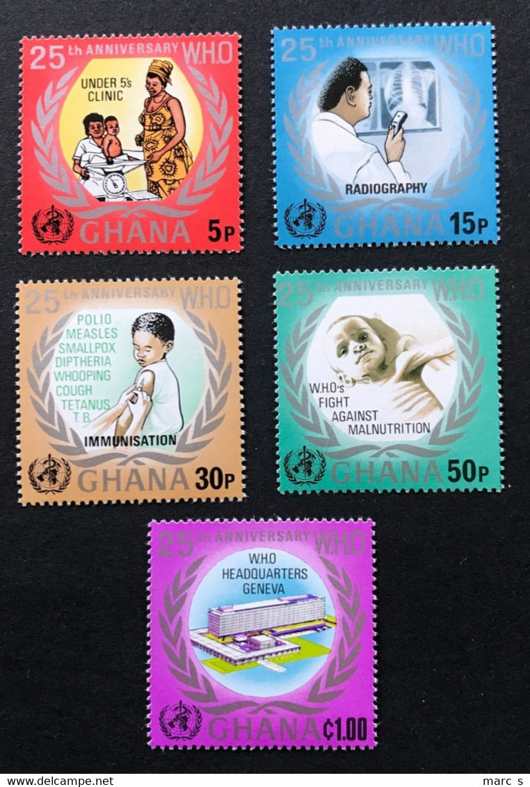 GHANA 1973 - NEUF**/MNH - Série Complète Mi 500 / 504 - YT 461 / 465 - WHO WORLD HEALTH ORGANIZATION - LUXE - Ghana (1957-...)