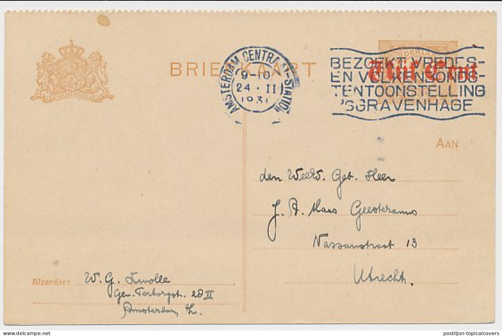 Briefkaart G. 107 B I Amsterdam - Utrecht 1930 - Entiers Postaux