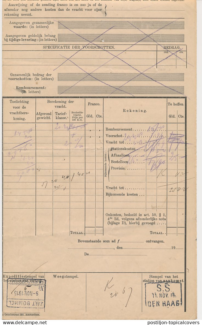 Vrachtbrief Staats Spoorwegen Zaltbommel - Den Haag 1915 - Non Classés