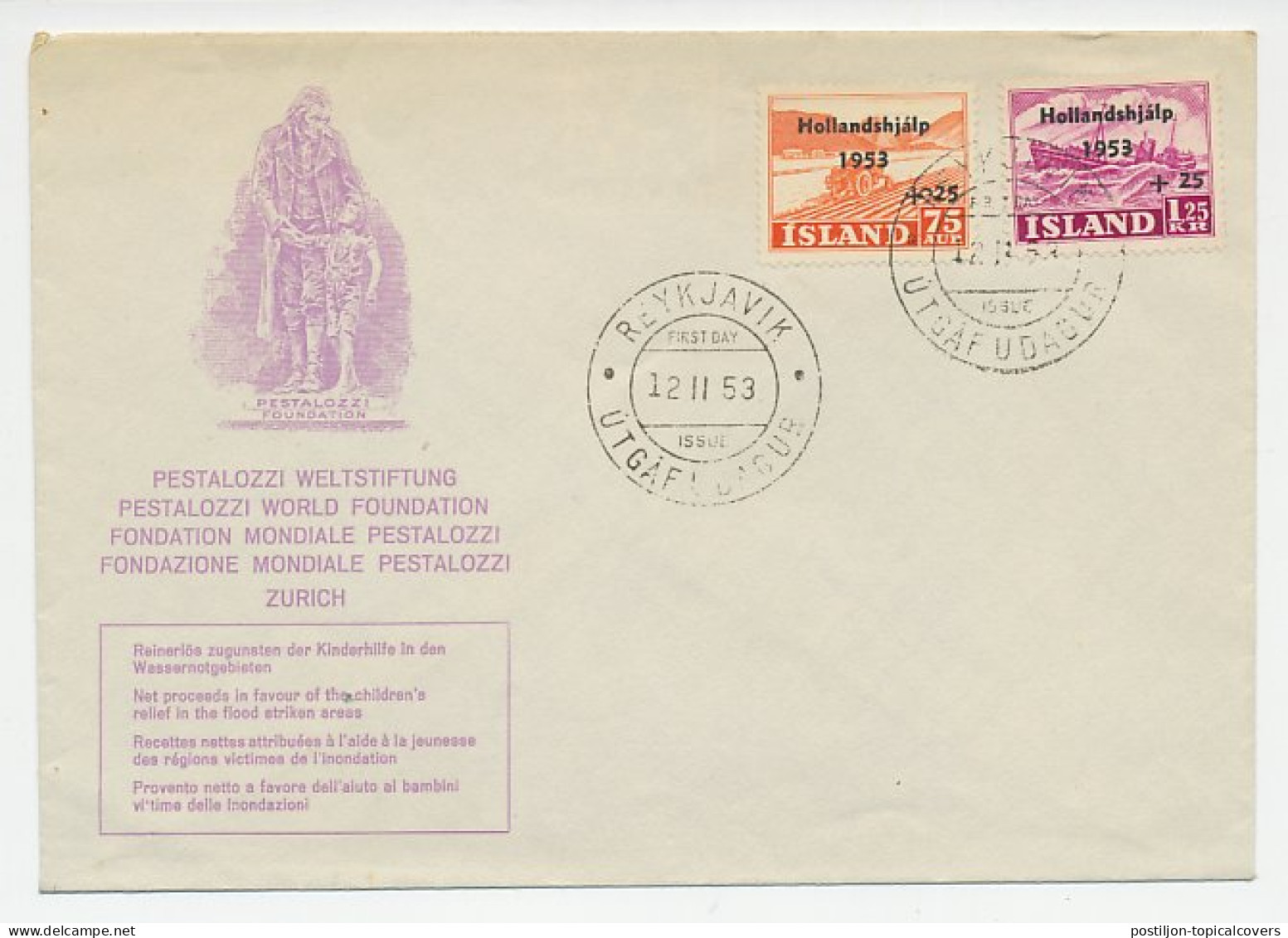 Cover / Postmark Iceland 1953 Water Flood Netherlands 1953 - Pestalozzi - Ohne Zuordnung