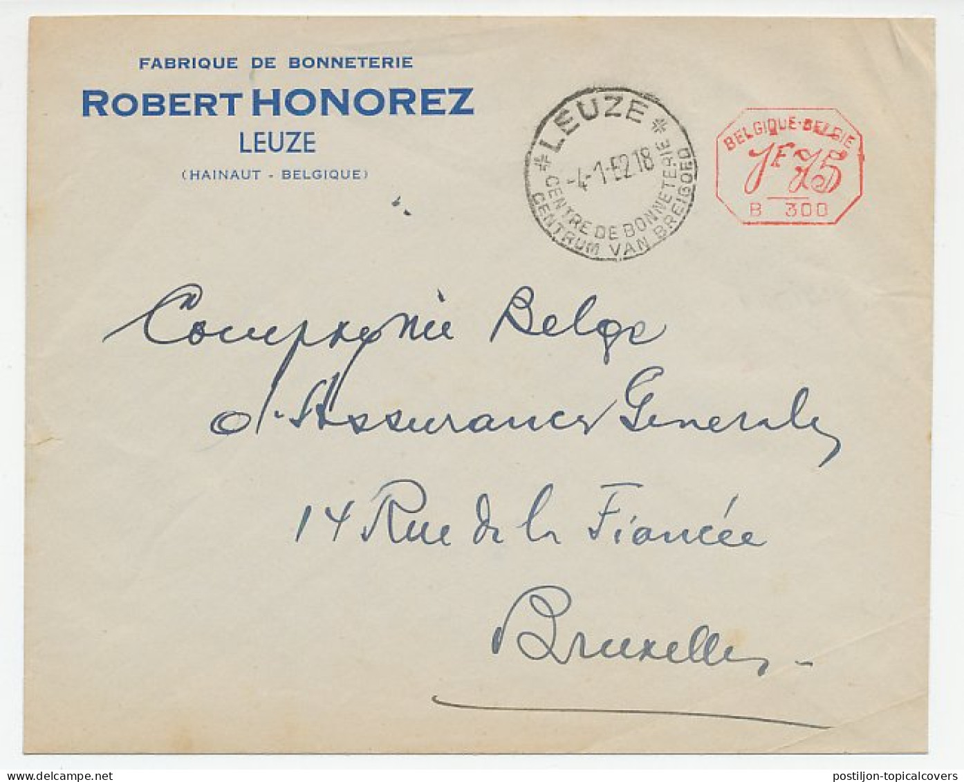 Cover / Postmark Belgium 1952 Leuze - Centre Of Knitwear - Textile