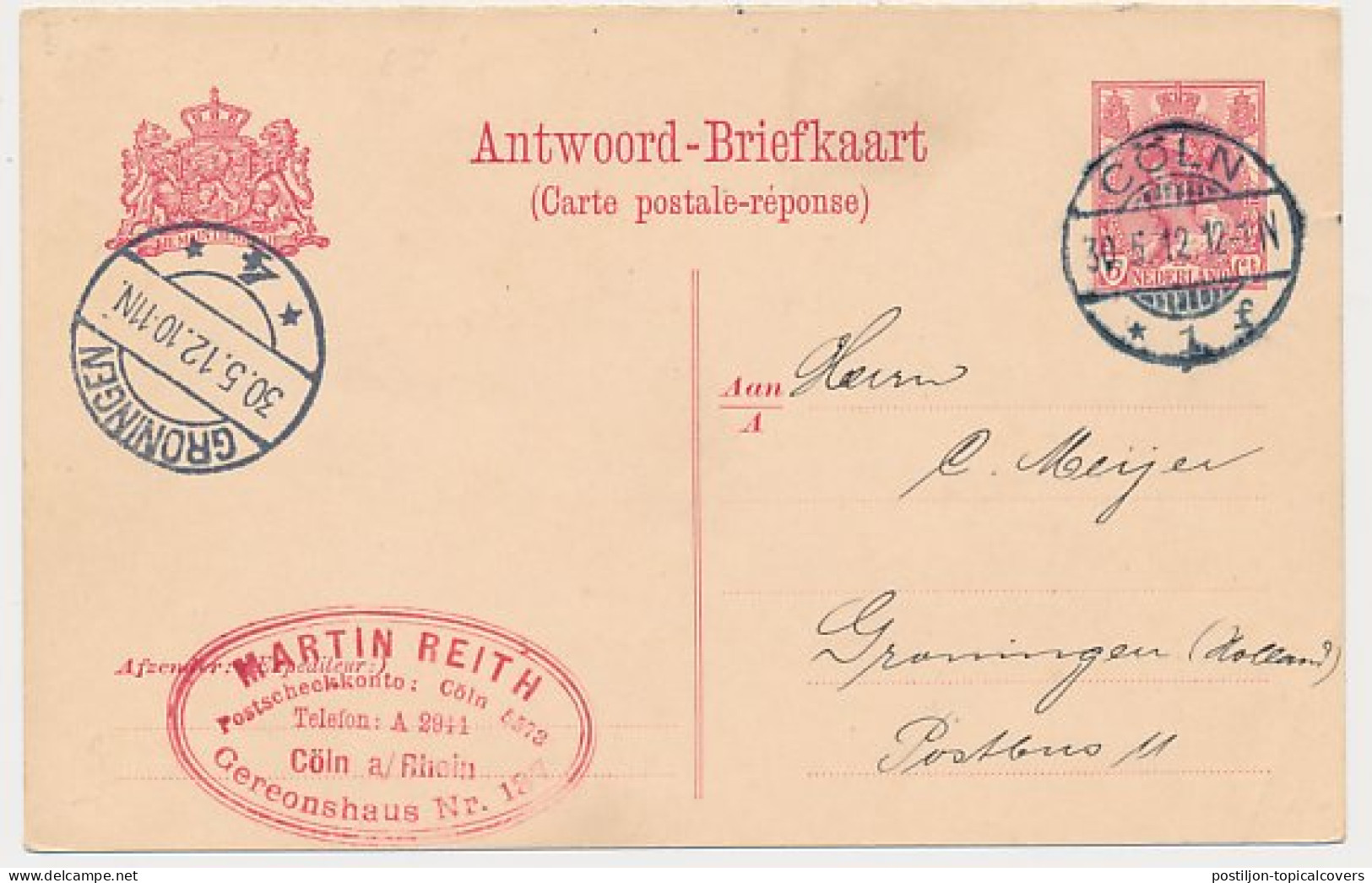 Briefkaart G. 85 II A-krt. Coln Duitsland - Groningen 1912 - Entiers Postaux