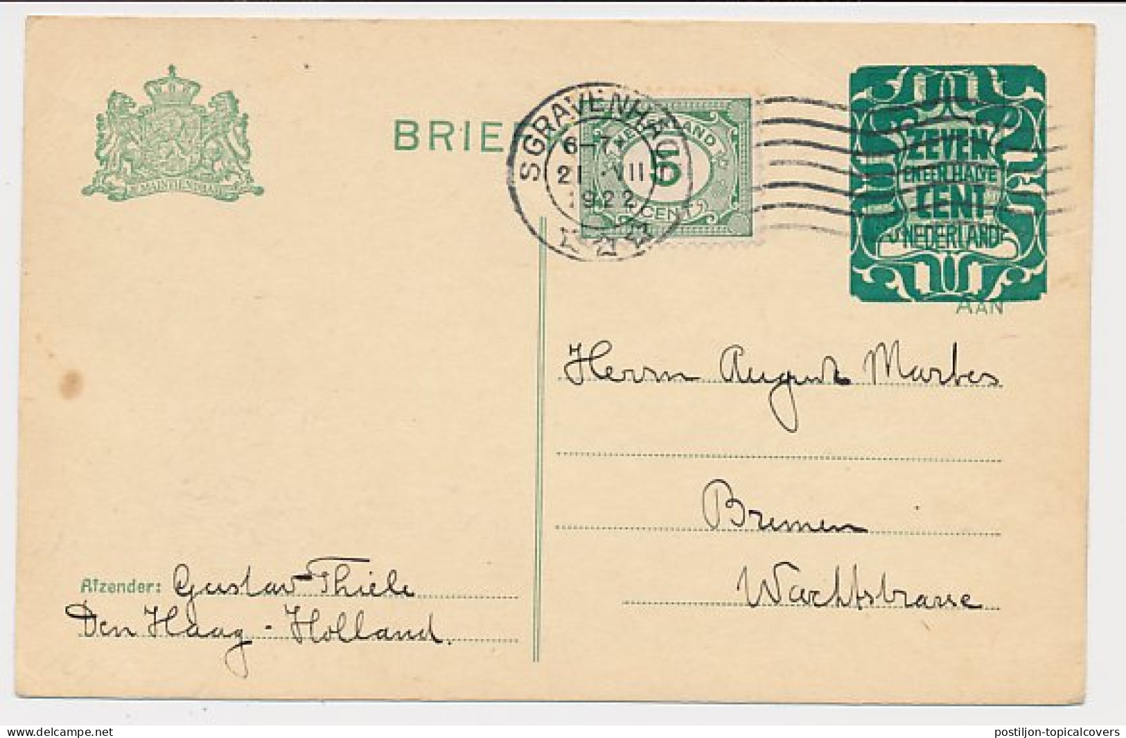 Briefkaart G. 169 I / Bijfrankering Den Haag - Duitsland 1922 - Postwaardestukken