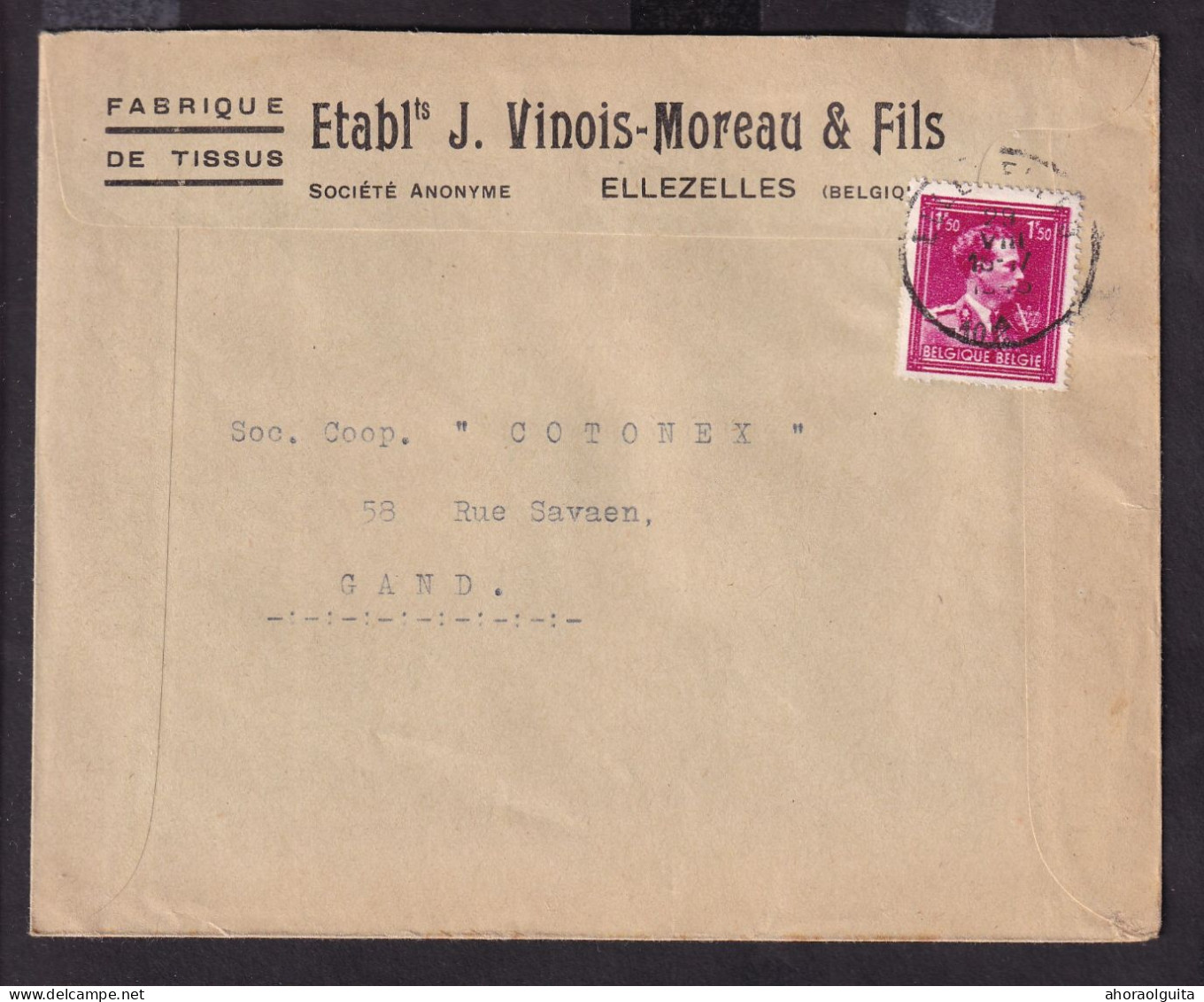 DDGG 141 -- Enveloppe TP Moins 10 % Surcharge Typo ELLEZELLES 1946 - Entete Ets Vinois-Moreau § Fils - 1946 -10%