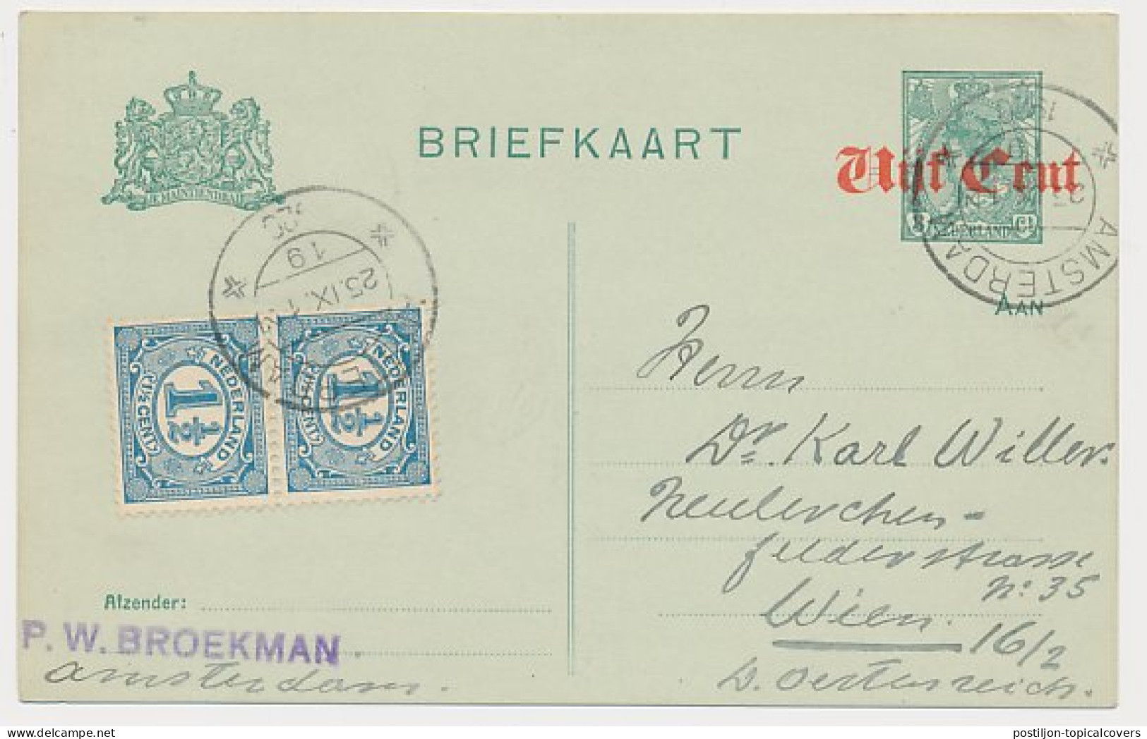Briefkaart G. 112 I / Bijfrankering Amsterdam - Oostenrijk 1920 - Ganzsachen