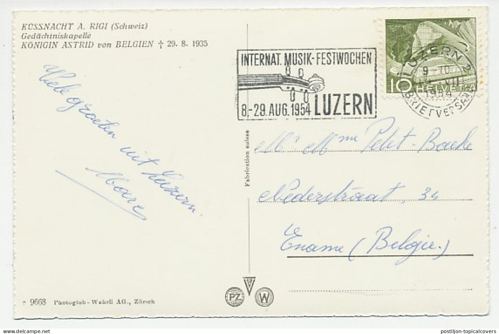 Card / Postmark Switzerland 1954 Music Festival Luzern - Music