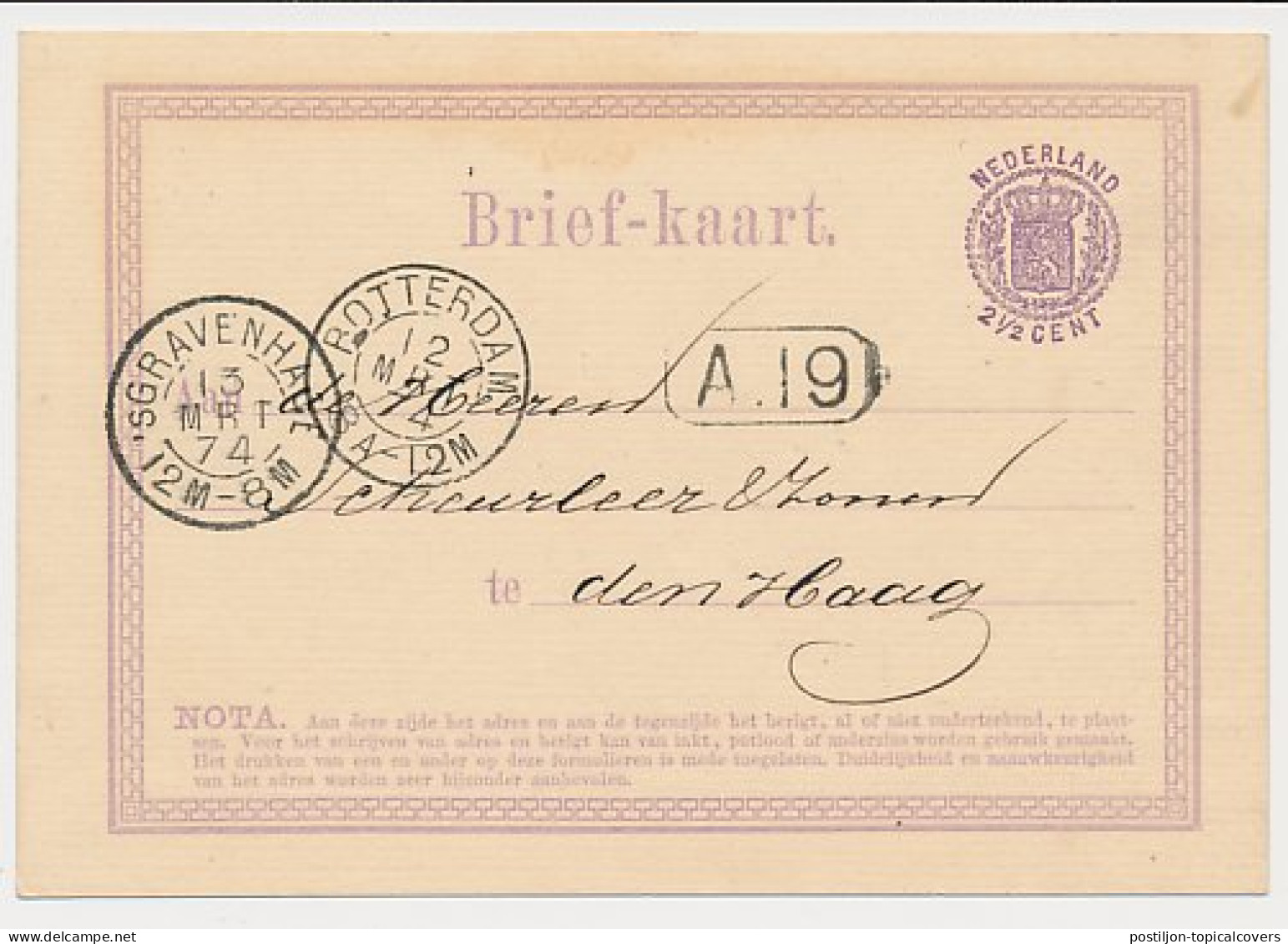 Briefkaart G. 4 Rotterdam - S Gravenhage 1874 - Ganzsachen