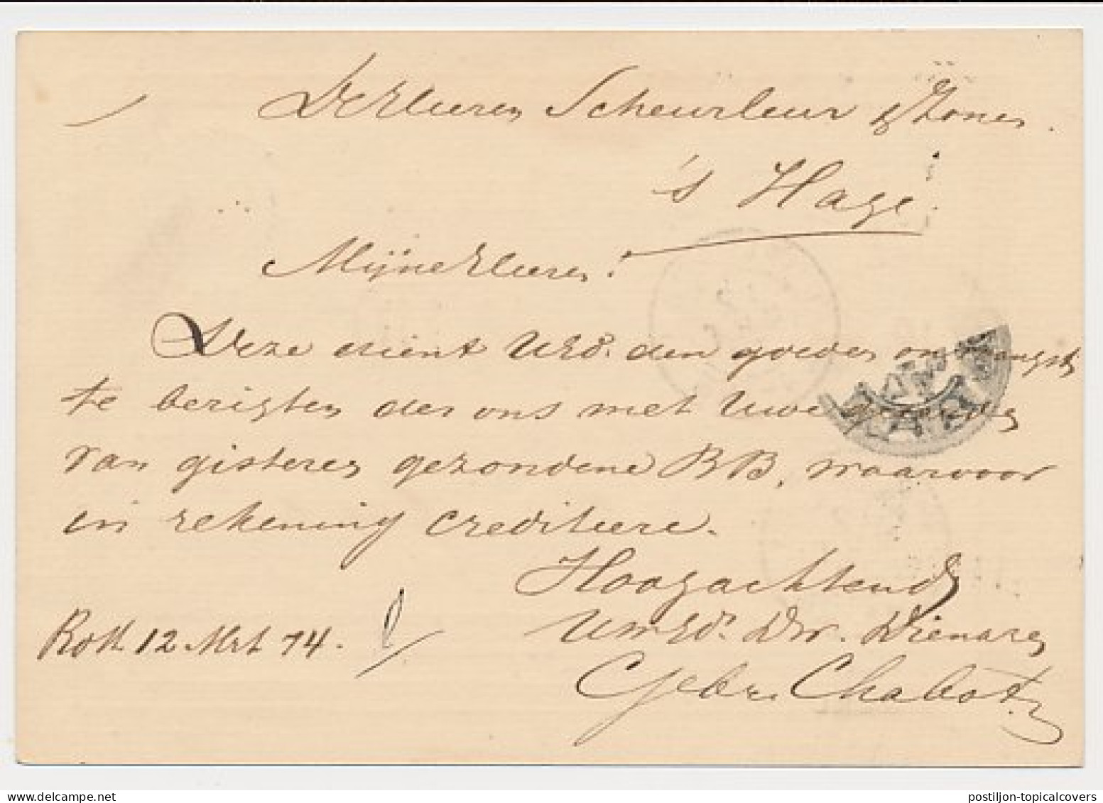 Briefkaart G. 4 Rotterdam - S Gravenhage 1874 - Interi Postali