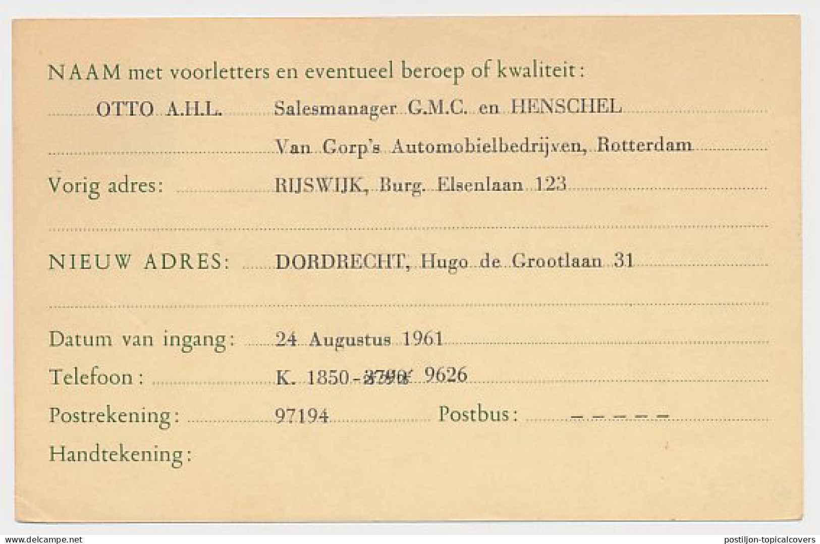 Verhuiskaart G. 26 Particulier Bedrukt Rijswijk 1961 - Postwaardestukken
