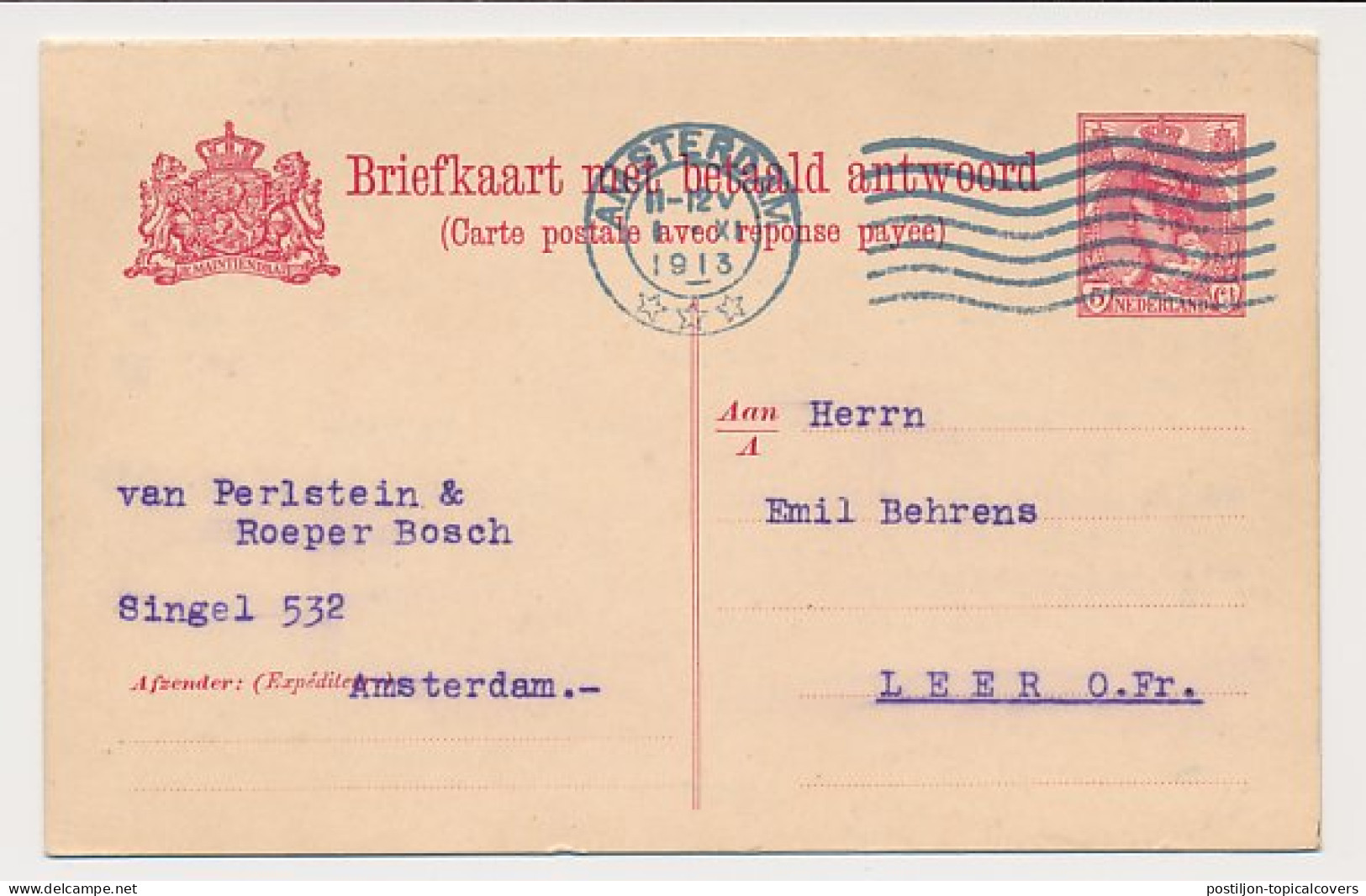 Briefkaart G. 85 I Amsterdam - Duitsland 1913 - Interi Postali