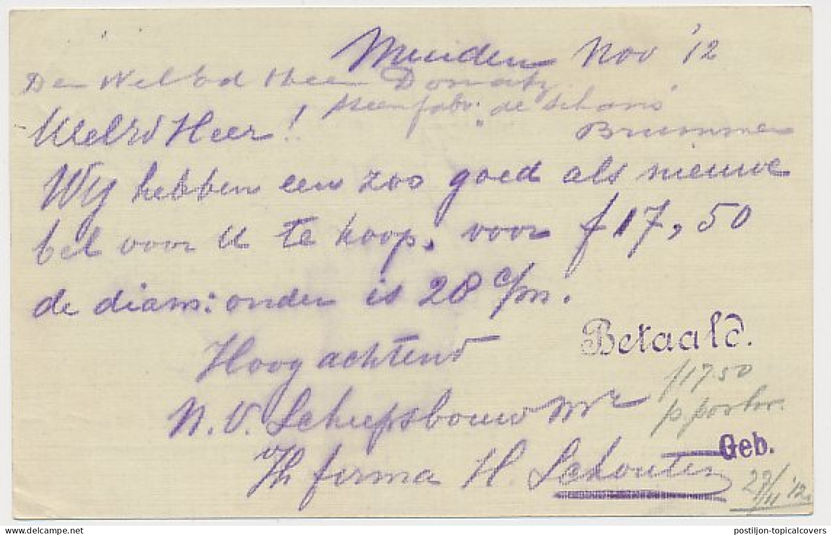 Firma Briefkaart Muiden 1912 - Scheepsbouw Maatschappij - Ohne Zuordnung