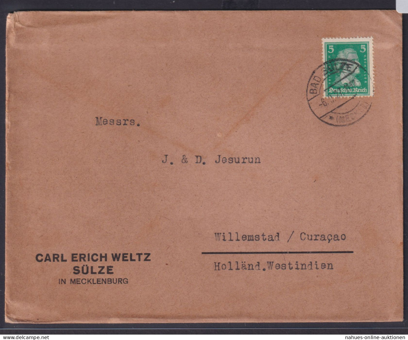 Deutsches Reich Brief Schiller Destination Bad Sülze Mecklenburg Curacao - Briefe U. Dokumente