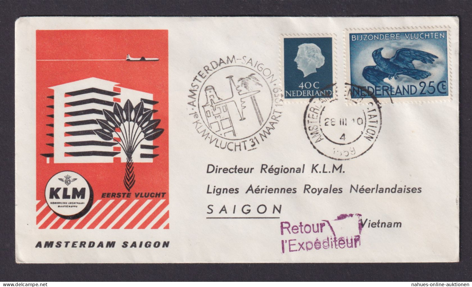 Flugpost Brief Air Mail KLM Amsterdam Destination Niederlande Saigon Vietnam - Correo Aéreo