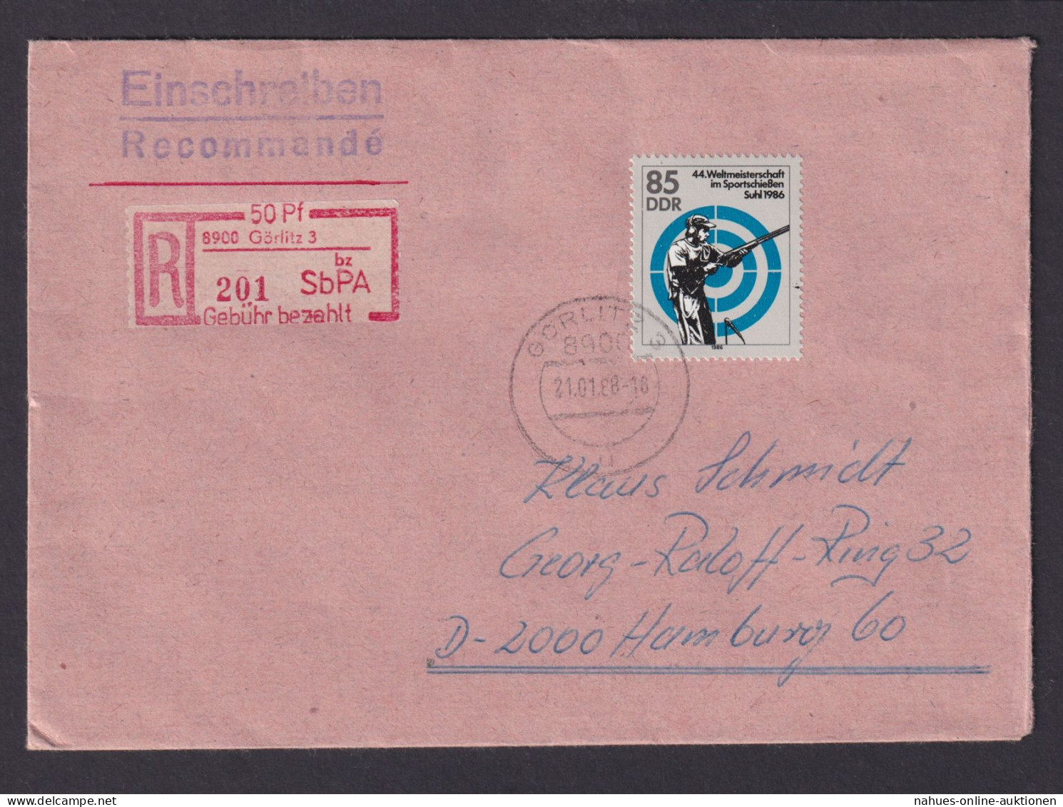 Briefmarken DDR R Brief Einschreibemarke Görlitz 50 Pfg. + ZuF 85 Pfg. N Hamburg - Briefe U. Dokumente